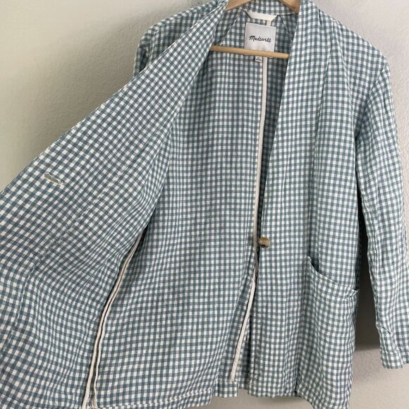 MADEWELL Womens XS Blue 100% Linen Collarless Blazer Gingham Check Jacket - Picture 13 of 16